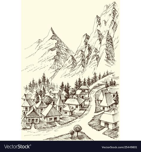 Mountain Cabin Drawing, Village Reference Drawing, Mountain Village Drawing, How To Draw Village, How To Draw A Village, Village Drawing Pencil, Villages Drawing, Village Scene Drawing Pencil, Sketches Of Mountains