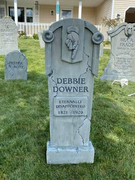 Tombstone Yard Decor, Cool Tombstones, Halloween Gravestones Sayings, Halloween Headstone Ideas, Punny Tomb Stones, Diy Halloween Tombstones Styrofoam, Diy Wooden Gravestones, Halloween Tombstones Diy Funny, Tombstone Designs Halloween Decorations