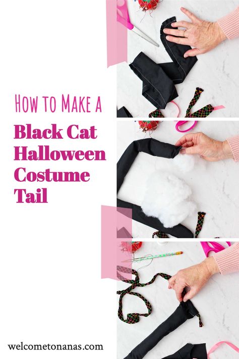 Need an easy Halloween costume idea for kids or adults? Make your own DIY Black Cat Costume Tail with this quick tutorial! Follow step-by-step instructions to also make a cat mask, collar, and cat ears! Cat Tail Costume Diy, Diy Cat Ears And Tail, Black Cat Tail Costume, Diy Cat Halloween Costumes For Kids, How To Make A Cat Tail For A Costume, Black Cat Diy Costume, Diy Cat Tail Easy, Crochet Cat Tail For Costume, Toddler Cat Costume Diy