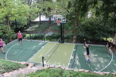 Pickleball Court In Yard, Pool And Pickleball Court, Home Pickle Ball Courts, Basketball Pickleball Court, Multisport Court Backyard, Pickleball Basketball Court, Pickleball Basketball Court Backyard, Pickleball Home Court, Backyard Pickle Ball Court