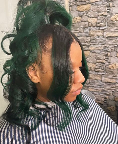 Hairstyle Elegance: Simple Ways to Elevate Your Look Green Hairstyles Black Women, Prom Hair Black Women, Vacay Hairstyles, Green Ponytail, Barbie Ponytail, Green Hair Dye, Braided Crown Hairstyles, Colorful Hairstyles, Black Ponytail Hairstyles