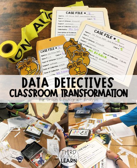 Data Detectives Math Mystery Classroom Transformation Classroom Detective Activity, Math Room Transformations, Detective Room Transformation, Classroom Transformation Ideas, Detective Themed Classroom, Mystery Unit, Ron Clark, Detective Theme, Math Mystery