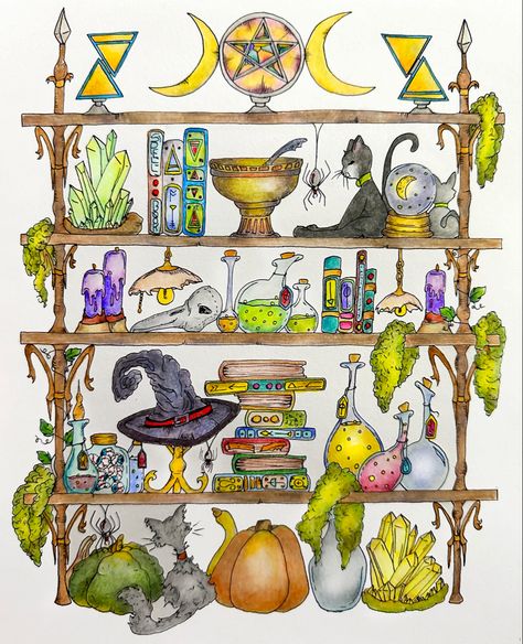 Time to start creeping into Autumn themed pics… A Witchy Shelf 1 a pdf 3 pic series download from SchemebyYou Etsy shop. Used Kalour 520, Holbein pencils, Zig Clean Color pens. Witch Bookshelf Drawing, Witchy Shelf Drawing, Witch Shelf Drawing, Witches Shelf Drawing, Shelf Life Art, Witchy Bookshelf Drawing, Witchy Shelf, Shelf Drawing, Witch Items