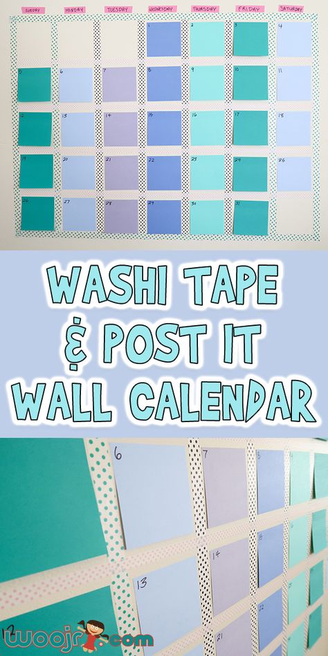 Washi Tape and Post It Wall Calendar | Woo! Jr. Kids Activities Post It Calendar Wall, Wall Planner Ideas Diy, Diy Calendar Ideas Creative, Post It Wall Art, Post It Art Ideas, Post It Calendar, Diy Calendar For Kids, Post It Note Calendar, Post It Wall Ideas