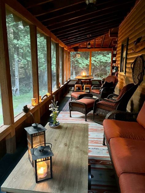 Adirondack Log Cabin Log Cabin Porch Ideas, Cabin Porch Ideas, Log Cabin Porch, Cabin Porches, Tiny Farmhouse, Cabin Renovation, Cabin Porch, Screened Porch Designs, Cabin Interior Design