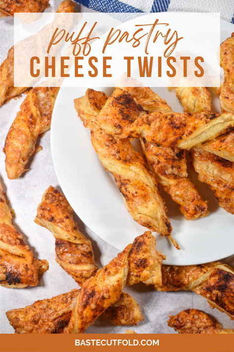 Cheese twists (a.k.a. cheese sticks, or cheese straws) are simple, stick-shaped snacks made puff pastry, cheese, and other spices. They’re easy to make and create a savory, crispy, cheesy bite which pairs perfectly with soup or salad, or adds a nice touch to an appetizer tray. Cheese Stick Twist, Cheddar Puff Pastry, Puff Pastry Savory, Puff Pastry Sticks, Cheesy Puff Pastry, Puff Pastry Cheese, Pastry Savory, Pastry Twists, Puff Pastry Recipes Savory