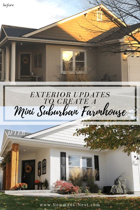 Exterior Updates to Create a Mini Modern Farmhouse in the Suburbs - Newman's Nest Builder Grade Exterior, Farmhouse Updates, Exterior Updates, White Farmhouse Exterior, Barn Light Fixtures, Garage Door Hardware, Suburban Home, Farmhouse Trends, Black Shutters