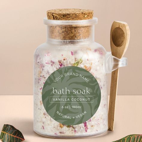 Take your bath products packaging to the next level with this modern waterproof product label design featuring subtle palm motif tropical vibe background in sage green. The pastel green and white colors and text are fully editable so you can tailor this label to suit your brand and product aesthetic. Whether you need labels for bath salts, body scrub, soap, shampoo or any other product, this waterproof sticker is great to use on any product that may come into contact with water. Choose from roun Luxury Soap Packaging Design, Luxury Soap Packaging, Bath Products Packaging, Candle Tin Labels, Body Scrub Labels, Bath Salt Jars, Product Aesthetic, Soap Packaging Design, Product Label Design