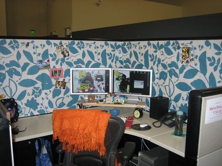 I like the idea of doing the interiors as one consistent wrap or covering. It seems peaceful. Office Cubicle Decorating Ideas, Cubicle Wallpaper, Diy Cubicle, Cubicle Organization, Cube Decor, Practical Magic House, Office Cube, Cubicle Design, Cubicle Wall