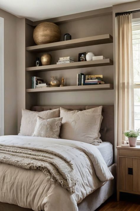 23 Multipurpose Bookshelf Ideas For Small Bedroom Small Bedroom With Bookshelves, Shelves Behind Bed, Shelving In Bedroom, Multipurpose Bookshelf, Ideas For Small Bedrooms, Hanging Bookshelves, Narrow Bookshelf, Slim Bookcase, Bookshelf Headboard