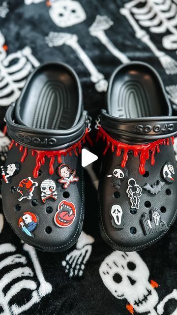 Kristy W. on Instagram: "Crocs, but make them spooky. 👻🎃🔪  #crocs #crocsshoes #jibbitz #jibbitzcrocs #horror #horrorfan #horroraddict #michaelmyers #theshape #ghostface #screammovie #slashermovies #slasher #spooky #scarymovies #whatsyourfavoritescarymovie #doyoulikescarymovies #everydayishalloween" Ghost Face Custom Shoes, Halloween Crocs Ideas, Halloween Crocs, Halloween Crocs Jibbitz, Goth Crocs, Gothic Crocs Shoes, Spooky Crocs Shoes, Crocs Jibbitz, Slasher Movies