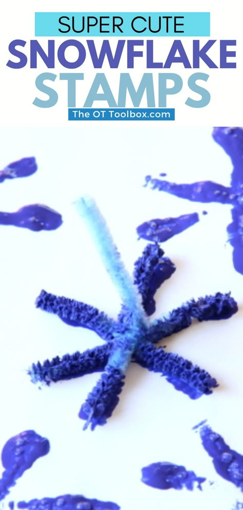 Make snowflakes with pipe cleaners and use the snowflake stamps to create a winter craft for kids that also builds fine motor skills. Kids can work on tactile sensory input with a tripod grasp in this process art stamp art craft, perfect for a winter theme. Snow Art Activities For Preschool, January Crafts For Kids Preschool Easy, Toddler Snow Craft, Snow Art Projects For Toddlers, Blue Art For Preschool, Snow Themed Crafts For Toddlers, Toddler Snowflake Art, Arctic Art Preschool, Ice And Snow Crafts For Toddlers