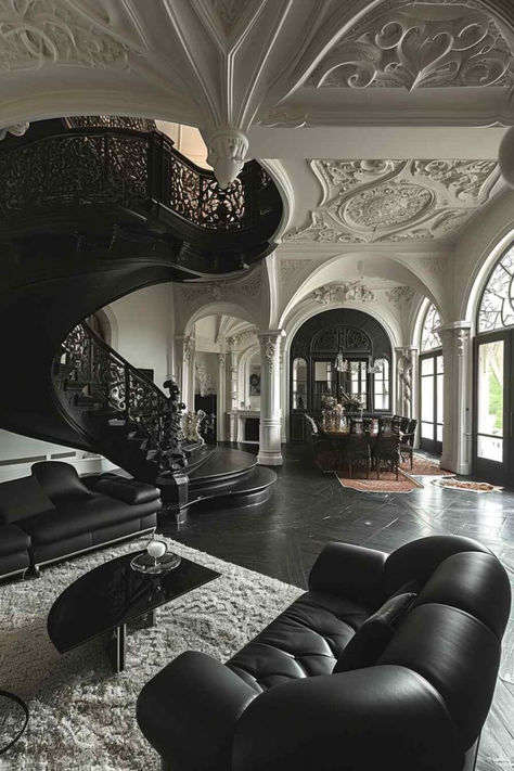 38 Contemporary Elegance Meets Gothic Charm in Living Room Design Black Spiral Staircase, Gothic Couch, Modern Gothic Interior Design, Modern Gothic Interior, Gothic Living Rooms, Victorian Style Furniture, Gothic Interior Design, Gothic Living Room, Something Black