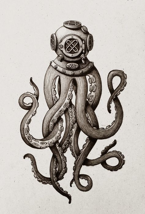 Ink drawing of an octopus an antique diving helmet. Diver Art, Octopus Drawing, Octopus Tattoo Design, Octopus Tattoos, Kunst Tattoos, Diving Helmet, Octopus Tattoo, Desenho Tattoo, Kraken