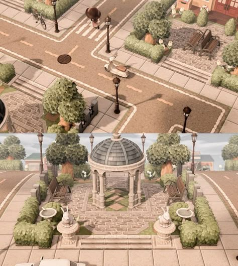 Acnh Structured Island, Acnh Suburban Entrance, Acnh Solarpunk, Animal Crossing Empty Space Ideas, Acnh Citycore Ideas, Acnh Courtyard, Acnh Citycore Entrance, Acnh Inspiration Town, Acnh City Ideas