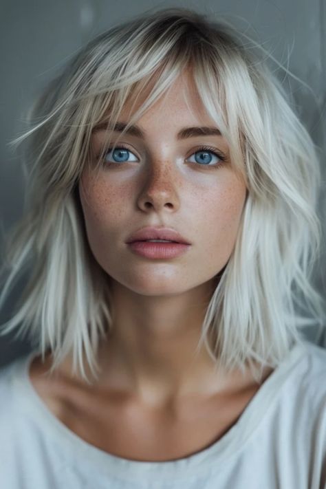 Blonde woman with blue eyes and shoulder-length hair, looking at the camera against a blurred background. Long Bob Haircuts Straight Fine Hair, Edgy Blonde Bob, Shaggy Long Bob For Fine Hair, Shaggy Bob Fine Hair, Textured Shaggy Bob, Edgy Bobs For Fine Hair, Dirty Blonde Bob With Bangs, Fine Hair Bob With Bangs, Bob Styles For Fine Hair