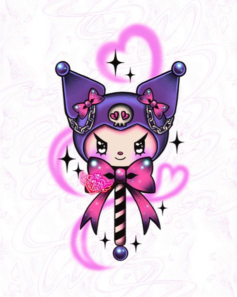 Lollipop candy pop paleta kuromi chupa-chups cadenas kawaii cute flash tattoo Kuromi Tattoo Outline, Kuromi And My Melody Tattoo, Kuromi Skull, Kuromi Art, Creepy Kawaii Aesthetic, Kuromi Line Art Tattoo, Purple Characters, Spooky Kuromi Tattoo, Kuromi Tattoo