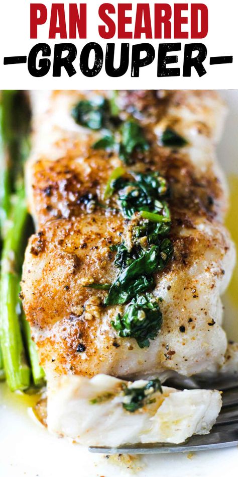 grouper fish with sauce on top on the white plate Grouper Dinner Ideas, Recipes For Grouper Fish, Broiled Grouper Recipes, Pan Seared Flounder Recipes, Fresh Grouper Recipes, Grouper Recipes Healthy, Grouper Fillet Recipe, Keto Grouper Recipes, Grouper Fish Recipes Baked