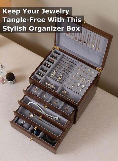 Looking for a chic way to keep your jewelry tangle-free? This jewelry box organizer is the perfect solution! With multiple compartments and a sleek design, this organizer box will help you keep your jewelry collection neat and organized. Say goodbye to tangled necklaces and misplaced earrings with this stylish jewelry box organizer. Perfect for any fashionista looking to keep their accessories in order. Jewelry Box Handmade, Men’s Jewelry Box, Wood Jewelry Box Ideas, Walnut Jewelry, Layer Jewelry, Jewellery Organizer, Watch Organizer, Amazon Jewelry, Large Jewelry Box