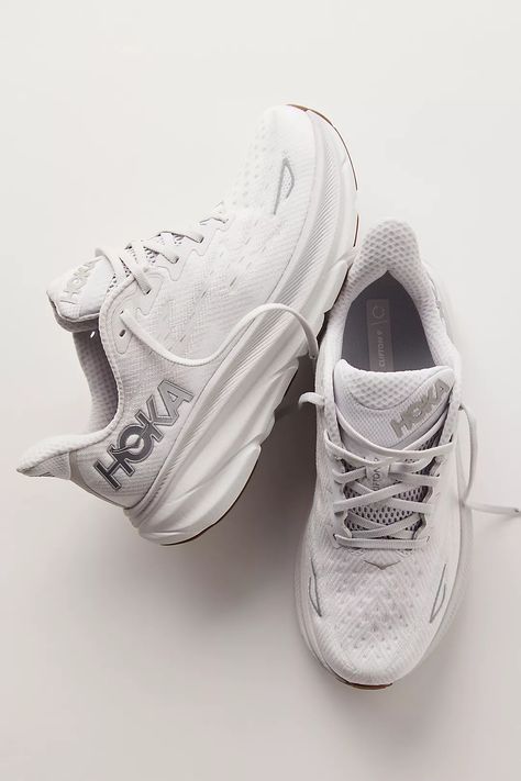 HOKA® Clifton 9 Sneakers | Free People Hoka Nursing Shoes, Hoka Clifton 9 Outfit, Outfits With Hoka Shoes, White Hokas Outfit, Hoka Shoes Woman Outfit, Hokas Outfit, White Hokas, Hoka Outfit, Hoka Shoes Woman