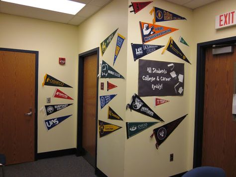 Contact college admissions offices to get free pennants to decorate counseling office. Career Counseling Office Decor, College Counseling Office Decor, Admissions Office Decor, College Counselor Office Decor, College Pennant Display, College Counseling Office, Pennant Display, High School Counseling Office, Counselors Office