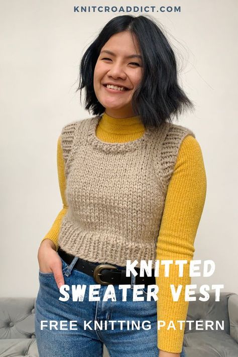 If you're a veteran knitter or brand new, this knit sweater vest is simple, easy and fun to make. This free knitted sweater vest pattern includes women's sizes XS-XXL with easy step-by-step video tutorial and written instructions. #knittedsweatervest #knittingpattern #knitvest #knit #freeknittingpattern #easyknitpattern Chunky Knit Sweater Vest Pattern Free, Easy Sweater Vest Knitting Pattern, Diy Knitted Vest, Womens Knitted Vest Patterns Free, Sweater Vest Pattern Knitting, Free Knit Vest Pattern, Free Vest Knitting Pattern, Free Knitted Vest Patterns For Women, Knit Vest Pattern Free Knitted Vest Patterns Free For Women