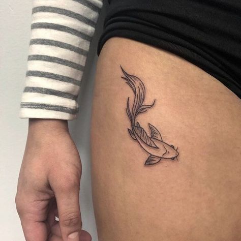 Coy Fish Hip Tattoo, Koi Fish Tattoo On Hip, Koi Fish Line Art Simple, Mother Nature Tattoos Simple, Koi Fish Line Art Tattoo, Coy Fish Tattoo For Women, Koi Fish Rib Tattoo, Koi Fish Tattoo Placement, Fish Hip Tattoo