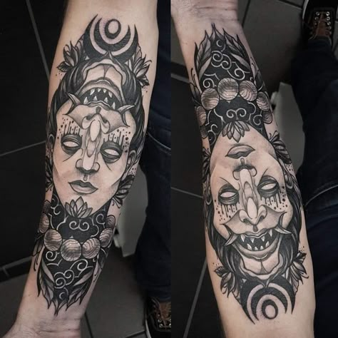 Upside Down Face Tattoo, Double Face Tattoo, Upside Down Tattoo, Shogun Tattoo, Crohns Tattoo, Face Tattoo Ideas, Fenrir Tattoo, Stencils Tattoo, Nintendo Tattoo