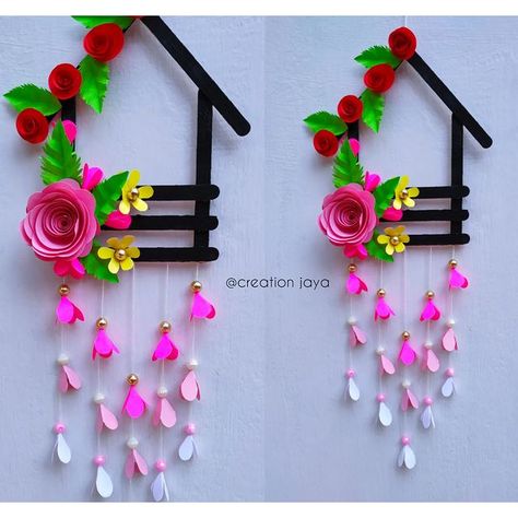 @Creation Jaya. on Instagram: “Cute wall hanging from icecream stick 🤗” How To Make Wall Hangings, Class Decoration Ideas, Wall Hangings Ideas, Diy Wall Hangings, Flower Wall Decor Diy, Hanging Decorations Diy, Diy Wall Hanging Crafts, Hanging Craft Ideas, Paper Flower Arrangements