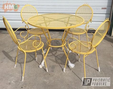 Powder Coating: Chairs,Patio Furniture,Table,Vintage Yellow PSB-6879,Restored,Furniture Yellow Outdoor Furniture, Vintage Patio Ideas, Small Room Furniture, Bird House Garden, Metal Outdoor Table, Vintage Patio Furniture, French Painted Furniture, Bathroom Furniture Design, Iron Furniture Design