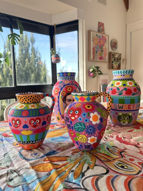 Shop — Summer Svenson Talvera Painting, Clay Vase Painting Ideas, Terracotta Clay Ideas, Ceramics Ideas Painting, Ceramic Pottery Painting, Blue Pots, Pot Painting Ideas, Diy Stained Glass Window, Flower Pot Art