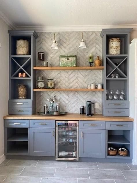 Dining Room Bar Ideas Small Spaces, Wall Bar Cabinet Ideas For Home, Wet Bar With Shiplap, Built In Cabinet Bar Area, Dining Room Buffet Backsplash, Coffee Bar Ideas Built In Wall, Built In Coffee Bar Living Room, Kitchen Cabinets Coffee Bar, Built In Bar Shelving