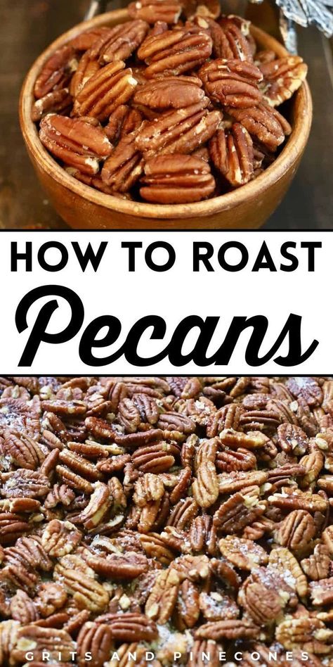 Make easy roasted pecans with this recipe! Roasted pecans are an easy and healthy snack or an appetizer to enjoy all year long. Toasting pecans in the oven is an old-fashioned recipe that brings out their natural oils and intensifies their rich, nutty flavor. Buttered, salted roasted pecans are ridiculously addictive and make a terrific snack or homemade gift for the foodies in your life! How To Roast Pecans, Toasting Pecans, Roast Pecans, Roasted Pecans Recipe, Toast Aperitif, How To Roast, Roasted Pecans, Nut Recipes, Pecan Recipes