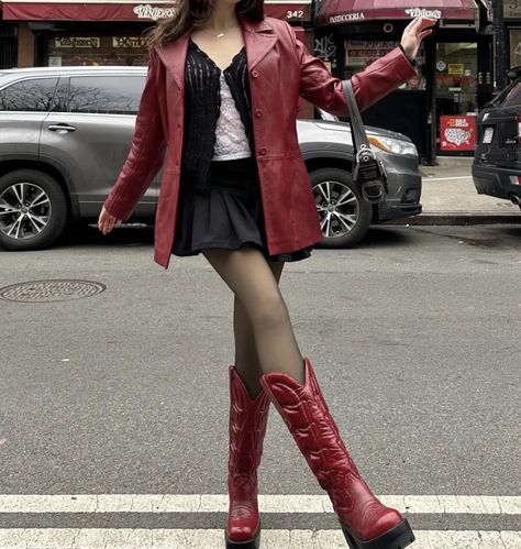 Red Boots Aesthetic Outfit, Aerith Inspired Outfit, Cherry Outfit Aesthetic, Vintage Red Outfit, Red Accent Outfit, Vintage Corset Outfit, Red Aesthetic Outfit, Redhead Outfits, Crimson Outfit