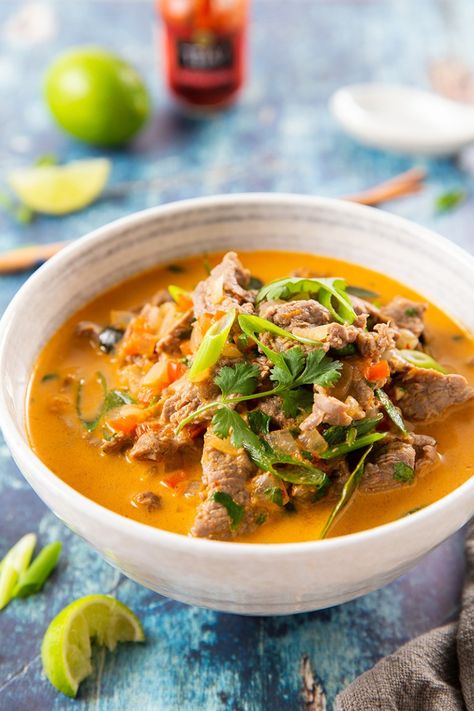 Thai Coconut Curry Beef Noodle Soup #thairecipes #coconutmilk #redcurry #noodlesoup #ricenoodles #beef | The Missing Lokness Curry Beef, Thai Coconut Curry, Coconut Curry Soup, Beef Noodle Soup, Curry Noodles, Beef Curry, Thai Coconut, Kaffir Lime, Low Sodium Chicken Broth