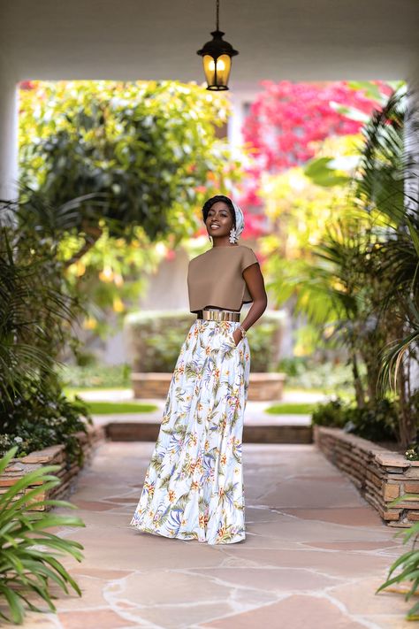 Printed Scarf + Crop Top + Printed High Waist Maxi Skirt Maxi Skirt And Cami Top, What Top To Wear With Maxi Skirt, Formal Maxi Skirt Outfit Wedding, Filipiniana Dress Modern Simple, Chiffon Skirt Outfit, Floral Maxi Skirt Outfit, Scarf Crop Top, Maxi Skirt Formal, Homemade Clothes