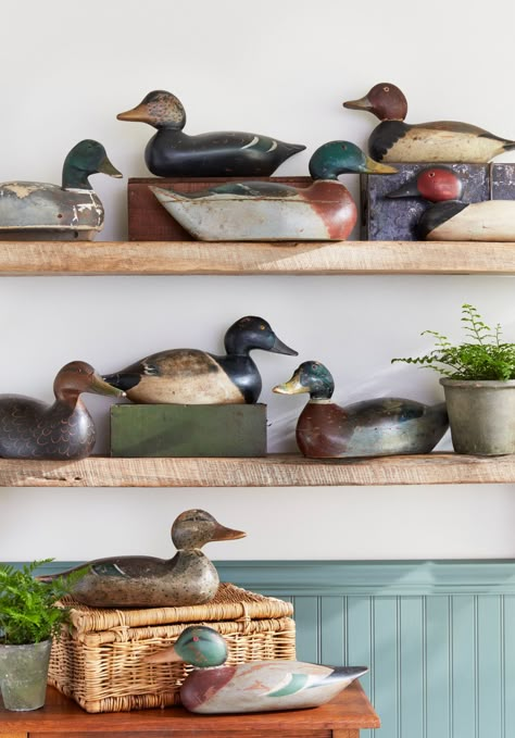 duck decoy collection Duck Decoy Decor, Lake House Decorating Ideas, Lake House Decorating, Holiday Entertaining Food, House Decorating Ideas, Country Living Fair, Cabin Living Room, Duck Decor, Cabin Aesthetic