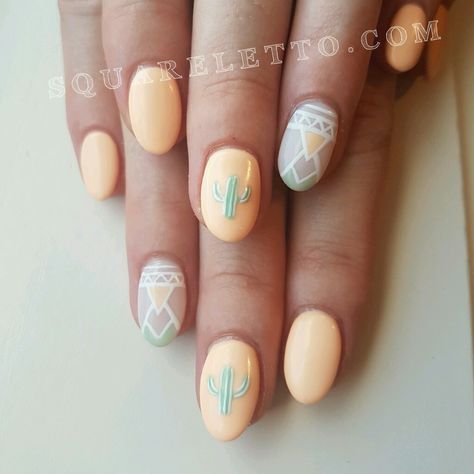 Cactus/ western /Aztec/ Santa fe nails by squareletto Desert Nails, Cactus Nails, Cactus Western, Summer Pedicure, Western Nails, Country Nails, Western Aztec, Cute Gel Nails, White Nail