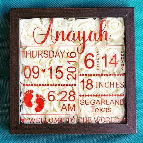 Birth Stats shadowbox can be customized as per your provided information. Birth Stats, Cricut Ideas, Shadow Box, Cricut