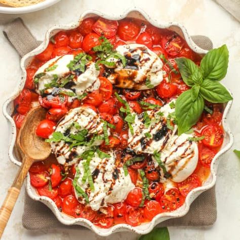 Burrata with Roasted Tomatoes - SueBee Homemaker Grape Tomato Recipes, Burrata Recipe, Happy Hour Food, Fresh Cherry, Burrata Cheese, Balsamic Glaze, Great Appetizers, Roasted Tomatoes, Family Friendly Meals