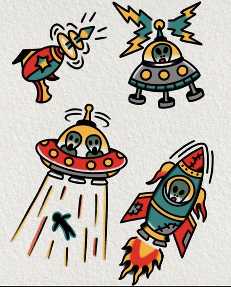 American Traditional Spaceship Tattoo, Cute Tattoos Flash, Tattoo Design Drawings Traditional, Alien American Traditional Tattoo, Retro Style Tattoo, Old School Alien Tattoo, Traditional Tattoo Style Drawings, Alien Traditional Tattoo, Tradional Tattoo Ideas For Women