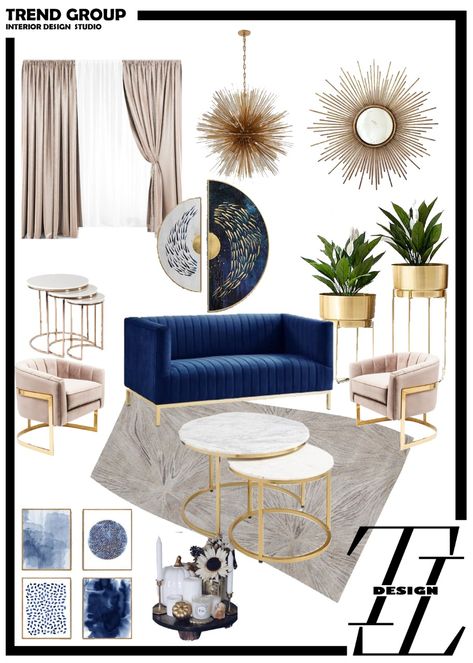 Glam Mood Board Interior Design, Office Decor Blue And Gold, Blue Couch Office Ideas, Gray Navy Gold Living Room, Blue Sofa Luxury Living Room, Blue Living Room Gold Accents, Blue And Gold Modern Living Room, Blue And Gold Lounge Ideas, Gold And Marble Living Room