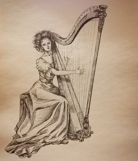 Orchestra Drawing Art, Harpist Aesthetic, Orchestra Drawing, Harp Drawing, Harp Illustration, Quilling Music, Harp Aesthetic, Secret Tattoos, Harp Tattoo