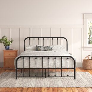 Andover Mills™ Alberton Low Profile Platform Bed | Wayfair Black Iron Beds, Black Metal Bed Frame, Black Metal Bed, Black Bed Frame, Spindle Bed, Iron Bed Frame, Bed Platform, Slatted Headboard, Iron Bed