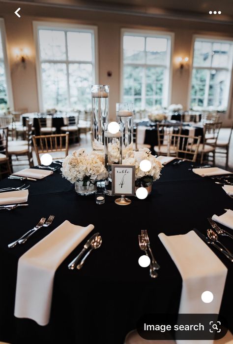 Black And Cream Table Setting, Wedding Tables With No Place Settings, Ballroom Wedding Inspiration, Black Themed Wedding Decoration, Tables Without Chargers Wedding Ideas, Black Tablecloth Decor Wedding, Wedding Black And White Table Settings, Minimal Black And White Wedding Table Decor, Black And White Wedding Table Settings Round