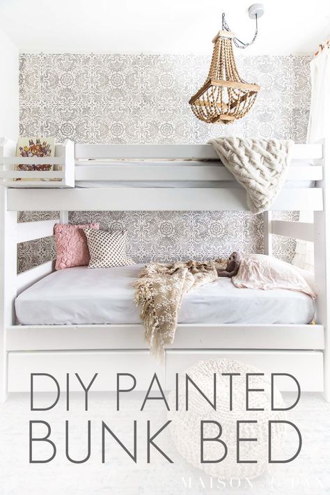 Find out how to paint wood furniture! See step by step how an old bunk bed was transformed into this beautiful piece for this shared girls' room! #bunkbed #girlsroom #paintedfurniture Repurpose Bunk Bed, Painted Bunk Beds, Bunk Beds For Girls Room, Paint Wood Furniture, Bed For Girls Room, Shared Girls Room, Diy Bunk Bed, White Bunk Beds, Wooden Bunk Beds