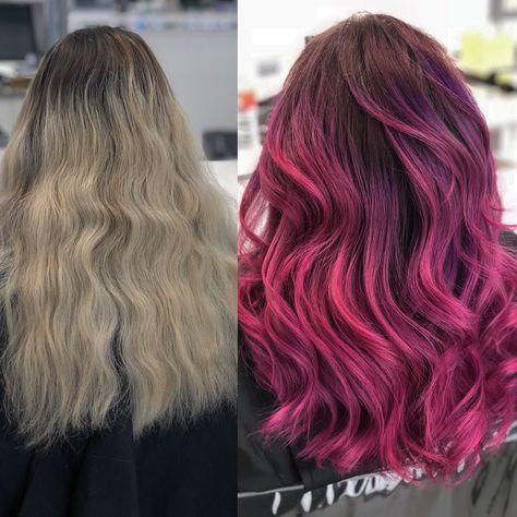 Dark Pink Balayage, Maroon And Pink Hair, Hot Pink Balayage, Magenta Balayage, Magenta Hair Colors, Pink Hair Highlights, 2024 Hair Color, Pink Ombre Hair, Magenta Hair