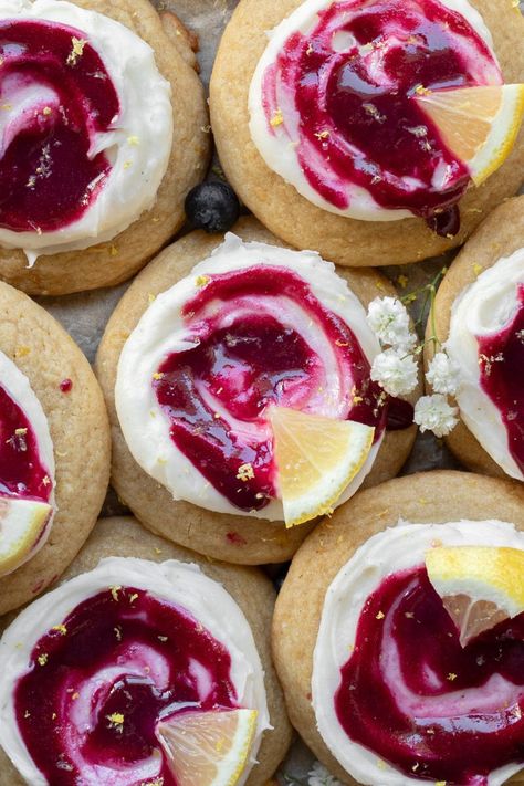 Lemon Blueberries Cookies Lemon Crumbl Cookie Copycat, Cream Cheese Frosting Cookies, Lemon Pie Cookies, Gourmet Lemon Cookies, Lemon Cheesecake Cookies Recipes, Blueberry And Lemon Cookies, Blueberry Lemon Heaven Cookies, Blueberry Pie Cookies, Lemon Blueberry Sugar Cookies