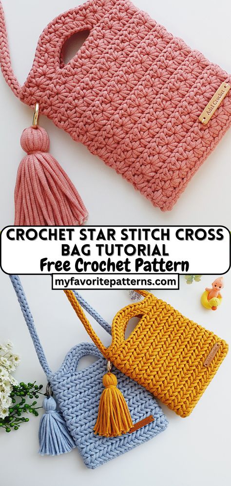 Crochet Star Stitch Cross Bag Tutorial Crochet Star Stitch Bag Pattern, Crocheted Purses And Bags Patterns Free, Crochet A Purse Free Pattern, Crochet Bag One Color, Crochet Cross Body Purse, Free Crochet Patterns Crossbody Bag, Easy Crochet Handbag, Hand Bags Crochet, Two Hour Crochet Projects