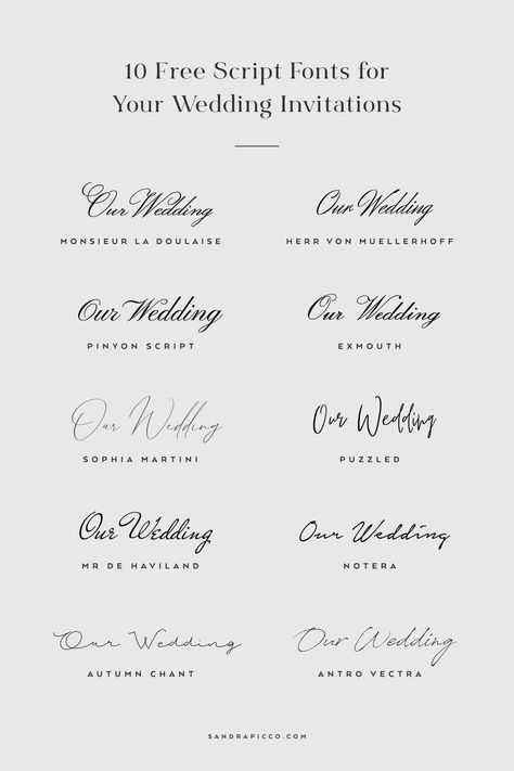 10 Free Script Fonts for Wedding Invitations - sandrapicco.com Cursive Wedding Fonts, Wedding Sign Fonts Dafont, Dafont Wedding Fonts, Popular Wedding Fonts, Wedding Envelope Fonts, Wedding Fonts Dafont, Adobe Fonts For Wedding, Typography Fonts Canva, Free Canva Wedding Fonts